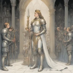 [art by Michael Kaluta] Joan of Arc approach the throne ; she can see the king studying her intently. She bows deeply, showing her respect, and Jean and Bertrand introduce her to the king.