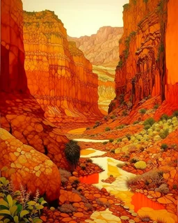 An orange colored canyon near a jungle designed in ancient Greek pottery painted by Gustav Klimt