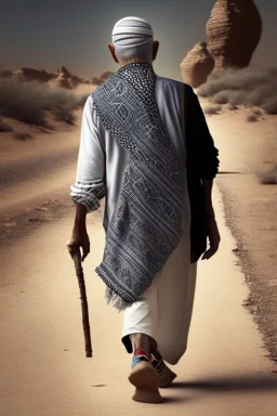 An old man wearing an Arabic keffiyeh, his back bent, walking barefoot, holding his cane upside down, looking back and holding his shoe in his hand.