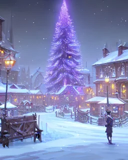 A magical snowy warlock town square with a Christmas tree