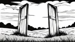broken wooden door, anime, monochrome, black background, ink, simple, maximum quality, broken hinge, barely functioning, centered on frame, far view, in the middle of a grassy hill, white sky with cumulonimbus