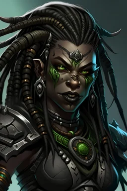 dungeons and dragons character portrait of a very strong and big beast human female warrior wearing black armor with black skin and dreadlocks and thick eyebrows and big nose and big fangs and green eyes and visible tusks, as living in a cyperpunk dystopia