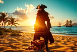 create a wide surreal scene of a pirate standing on a golden beach with a treasure chest full of coins in front of him, palms and tropical vegetation behind, pirate ship floating in the ocean. The pirate’s figure is semi-transparent, showing the chest, ship and coastline within his silhouette in a glowing double exposure. Ocean breeze in his coat, warm sunset tones, rich natural details, fantasy realism --v 7 --style raw --ar 16:9