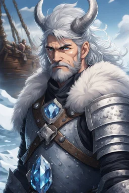 in anime style,1older man, a man with blue eyes and black hair man in silver Viking armor with fur around the neck with blue crystal on his chest holding an axe in his hands standing on a pirate ship in the artic, warrior in anime style,