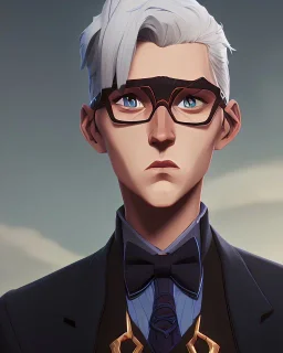 tall young man witbh square glasses, blonde hair and grey eyes. He wears blue shirt, dark tails, bow tie and chimney pot hat. He is flying between the stars