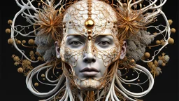 3D rendering of a head of an impressively detailed and complex hyper-realistic "human anatomy": scientific, single object, glossy white, shiny gold, vines, tribalism, black background, shamanism, cosmic fractals, octane rendering, 8k post-processing, detailed metallic bones, dendritic, artstation : Award Winning: Professional Portrait: Atmospheric: Commanding: Fantastic: Clarity: 16k: Ultra Quality: Astounding: Shine: Stunning Colors: Stunning Depth