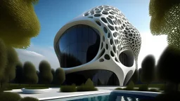 Generate a modern house that mixes the style of the work "Flower of Life II" by Georgia Totto O'keeffe and the "Heydar Aliyev Center" by Zaha Hadid