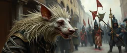 portrait of a hairy rock star wererat, fantasy art, style of Rembrandt,Dead drop discovery: While walking, a party member stumbles upon a small, blood-stained package hidden in a gutter. It contains a coded message to a cult of the Dead Three. 9-10 Parade of the Patriars: A noble's procession blocks the street with bone clubs. The crowd is forced to bow, and guards roughly shove anyone who doesn't move quickly enough.