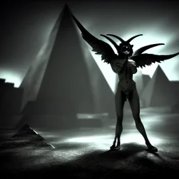 A portrait post-apocalypse of Baphomet ,pyramid,sin city,sci-fi fantasy style, volumetric lighting, particales,highly detailed,cinamatic,8k,3D,fire and black deep colours,ignore NSFW.