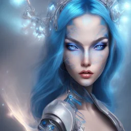 femme,cheveux bleu,couronne métallique spatiale,yeux bleus,peau bleau,combinaison spatiale,lumière