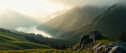 Create a low-angle, wide expanse view of mountains inspired by the New England landscape, with rolling green hills transitioning into tall, sloping peaks. Fog rises as if just after rain, and the scene features dense forests and a large valley-bound lake. Near the base of one of the mountains, near the shore of the lake, include the small stone entrance to a dwarven keep, partially hidden in the rock. The first light of dawn casts warm, long shadows, while a heavy mist lingers in the valleys,