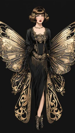 Full Body, Art Nouveau Woman With A Bob With A Fringe Hairstyle, 1920s Clothing, Steampunk Metal Moth wings, Black Background