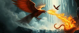 fire smoke and fog and light rays, phoenix jellyfish octopus bird witch in chrome reflective icy waterfall looks beyond really powerful slapping a bird in the face with fire, fantasy illustration, in the style of Rembrandt