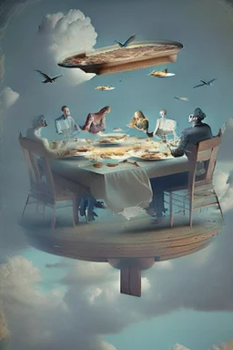 Flying table with people sitting there eating their dinner