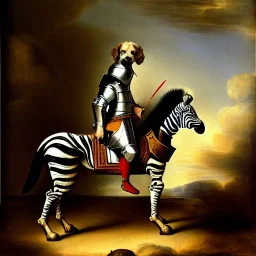 retrato de un perro con armadura montando una zebra con estilo de Rembrandt