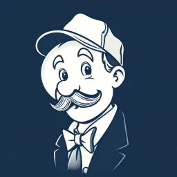the monopoly man Mr. Pennybags wearing a trucker cap, round head, retro line-art