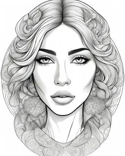 outline art for a beautiful woman face, coloring page, white background, sketch style, only use outline, Mandala style, clean line art, white background, no shadows and clear and well outlined