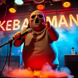 a very fat swedish man, with a mask with only a hole for the mouth, he is called "KEBAB MAN" performing at rock club, his name is "KEBAB MAN" kebab rolls On stage, kebab Neon lights and smog, and "KEBAB MAN" big sign on the wall, he singing with mic, text in swedish! no translate mr. stable ai, text in swedish! no translate mr. stable ai, text in swedish! no translate mr. stable ai