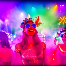 Ultra Realistic selfie, drunken sexy women, carnival scene, circus steampunk. confeti, Sunglasses, smoking, happy, festival, red fog. highly detailed, concept art, unreal engine 5, ray tracing, RTX, lumen lighting, ultra detail, volumetric lighting, 3d, finely drawn, high definition, high resolution.