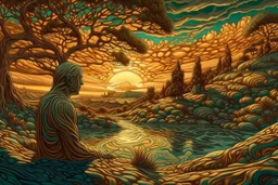 Great landscape, nature at sunset, Paradise Lost, spiritual, surreal, trees, fine art, tan skin, Vincent Van Gogh style, highly detailed, smooth, very sharp focus, illustration, bathing in light, ultra realistic illustration, close-up