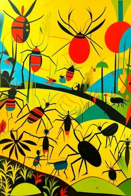 A yellow heavenly light field with insects painted by Stuart Davis
