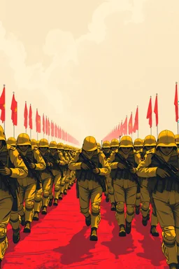 "A conceptual black-and- yellow Red digital illustration of a massive soldiers with guns walking in the same direction, heads down, symbolizing conformity. The atmosphere feels lifeless and repetitive, emphasizing the ordinary mindset of the majority."