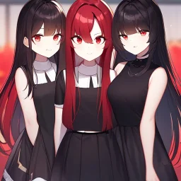 Clear focus,High resolution, black long hair, Vibrant red eyes, Emo style, Black skirt, wearing a black shirt sleeveless, wearing a white collar, Wearing black and red cutsleeves