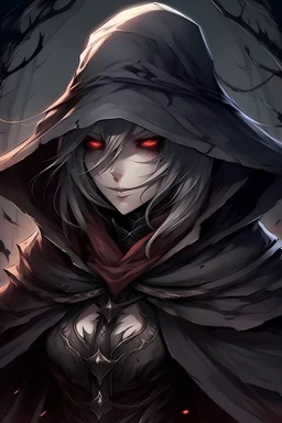 Full view, Anime, Female Bloodborne boss, big female, curvy, hood, face not visible