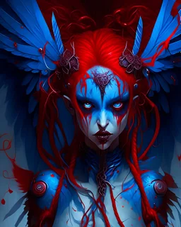 Fairy, crimson fairy wings with blue gems, twisted rope red hairstyle, armor made of blood, ropy red tentacles with blue eyeballs at the end, creepy, masterpiece, best quality