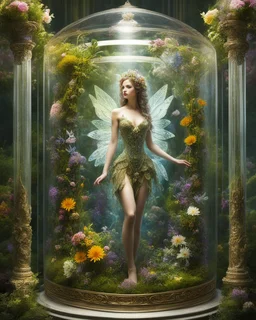 The beautiful fairy girl in glass box is an abstract concept that refers to a world made entirely of flowers or plants, often in a fantasy or mythical setting. The flower planet in this image appears to be a baroque world, with ornate spiral patterns and intricate designs.