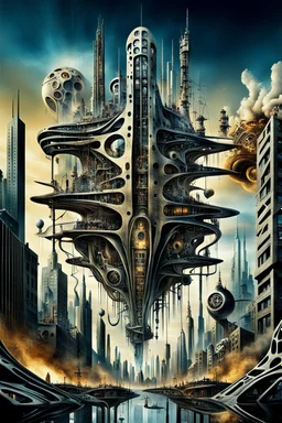 a stunningly weird image of a futuristic metropolis using Salvador Dali's paranoiac-critical method, where buildings and structures appear to melt into the skyline cityscape is filled with floating mad, twisted sharp metal shapes that interact with the buildings and each other, forming a surreal tableau of a dreamlike reality. neu-steampunk vibe, essence of the scene in a cinematic manner, with dramatic shadows that enhance the distorted perspectives and bizarre