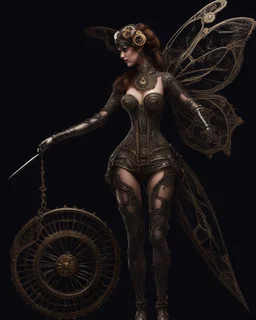 full length, steampunk delicate metal woman, lacewings, black background