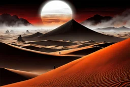 dramatic lighting, rough, high contrast, colors in the background are less saturated, black and white brown lite brown dark red light orange dark grey steel gold dark brown dark red silver, brown , dune city on big rock in desert, red spotlight, dust, fog, late afternoon, bene gesserit on the planet, dune in the style of Chris Foss, sand, footsteps, rocks, storm, fog, a figure siluette , detalied, sharp focus, hyperrealistic, masterpiece