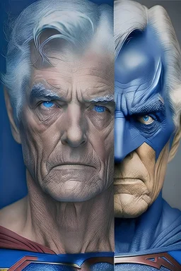 superman with batman old faces and gray hair with big blue eyes