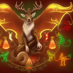 Christmas dragon with deer ears, wolf head, ibex horns, horse body, deer legs, lizard tail, bat wings and Christmas lights