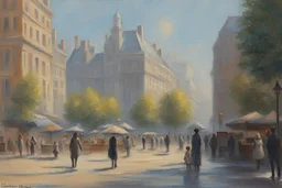 sunny day, city, sci-fi, people, epic, claude monet influence, realistic painting