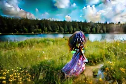 shot from front ,green field and wild flower field ,beautiful girl in pretty dress curly hair walking in water toward camera in trees next to wavy river with clear water and nice sands in floor.camera capture from her full body front, spring blosom walking to camera ,wild flowers moving in the wind ,blue sky,moving pretty clouds ,joy full facet.