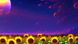 purple sky full of stars, sunflower field, anime, high res, makoto shinkai