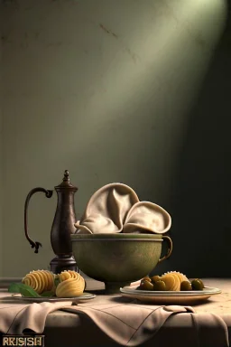 renaissance style still life composite, dish of Raviolis with cow meat, vine cup, olive oil. moisture, art, natural, ornaments, ceramic, marble, high kitchen, smooth, god rays, unreal engine 5, ray tracing, RTX, lumen lighting, ultra detail, volumetric lighting, 3d.