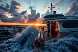a big ship in oecieon in powerfull waves ,a beautiful sun set and dreamy clouds , young couple dancing on a modern boate deck next to ship and flowers flows from deck to water