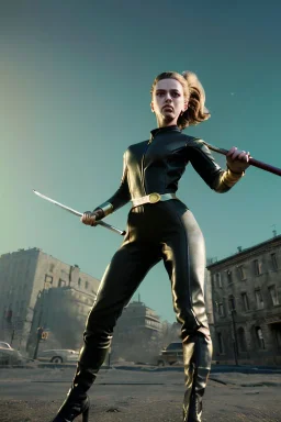 retro portrait image from 1960, city background, wind, long hair, fighting stance, young Scarlett Johansson, classic black tight lycra suit, metal stick weapon, gold bracelet and belt, high heel boots, soft color, highly detailed, unreal engine 5, ray tracing, RTX, lumen lighting, ultra detail, volumetric lighting, 3d, finely drawn, high definition, high resolution.