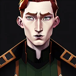 general hux 3/4 view, wearing a black First Order uniform, serious, imposing figure, thick eyebrows, digital art, wearing a black First Order uniform, green eyes, gray background, sepia filter