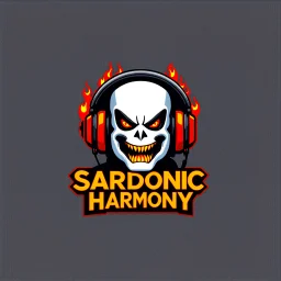 minimalist logo for rock band orange text "SARDONIC HARMONY" in a futuristic robotic font, sinister evil marshmallow head with headphones and red flames, dark negative space, by Salvador Dali and H.R. Giger