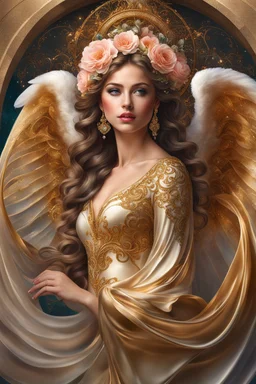 Photography realistic Beautiful Angel wearing a magical gown of swirly flowing marble water gold filigree curlicues, flowering flowers, bloom, sparkle, ornamental gilt, diamonds, rubies, emeralds, sapphires, beautiful, delicate, intricate, elegant, graceful, shiny, Hyperrealism, Rococo, expressive, spherical, zoom out, volumetric lighting