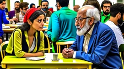 A 30-year-old teacher in the university cafeteria looks at an old man, 60 years old, sitting at another table next to hers, Egyptian complexion.