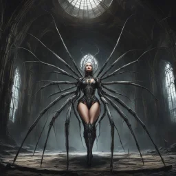 In the center of this unholy sanctuary stood the Arachnomorph Queen, a monstrous hybrid that seemed to defy the laws of nature. Her upper torso was that of an elegant woman, but her lower body morphed seamlessly into a grotesque spider's abdomen. The eight spindly legs that supported her colossal form ended in razor-sharp pikes, glinting ominously in the dim light. The queen's eyes, like shards of obsidian, fixed upon the intruders with a malevolent intelligence.