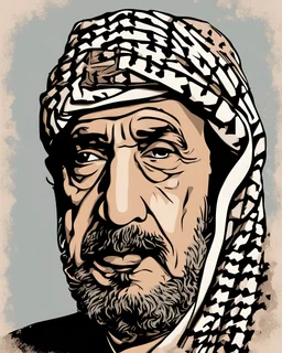 distressed POTRAIT image of YASER ARAFAT, use keffiyeh uniform, vector art, flat design, use ken taylor style, gloomy color, hard line
