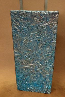 scroll holder, metallic, massive, cold colours, watercolour, large strokes, intricate design