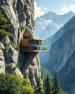 Architectural drawing of spectacular views of a modern house suspended on the side of a mountain, using light and resistant materials. Hyper detailed, ultra quality. green trees