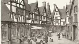 A Paved Courtyard, With Tudor Gothic Houses, Tall twisted Chimneys, twisted Roofs, People, Shops,